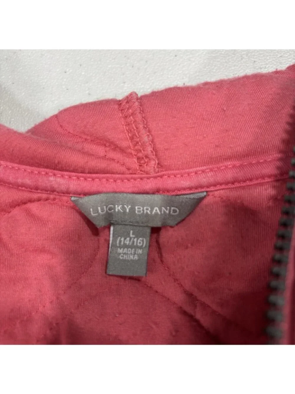 Lucky Brand Heart Quilted Pink Full Zip Hooded Jacket Size L 14/16